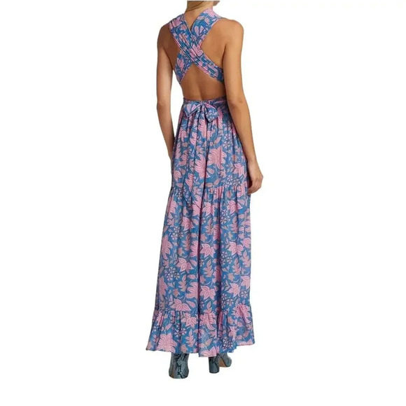 Hannah Artwear Chloe Floral Cross-Back Maxi Dress Halter Ties US Size 4 - Picture 3 of 10